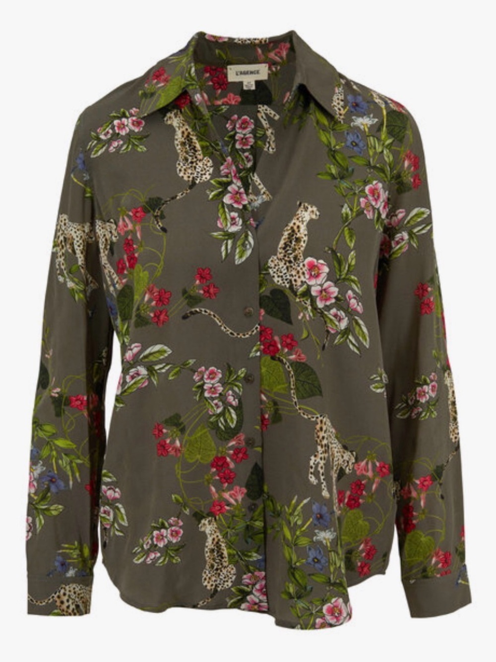 L'AGENCE Nina Jungle Print 100% Silk‎ Button-Down Blouse - Size Small